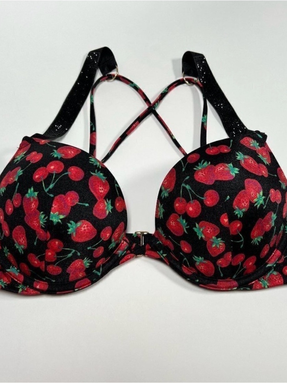 Victoria Secret 38C Bombshell Push Up Bikini Top Shine Strap Cherry Print